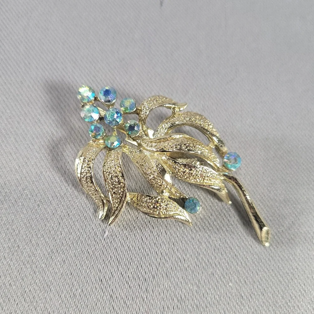 Vintage Floral Spray Brooch Women Gold Tone Blue AB Rhinestone Textured Leaf